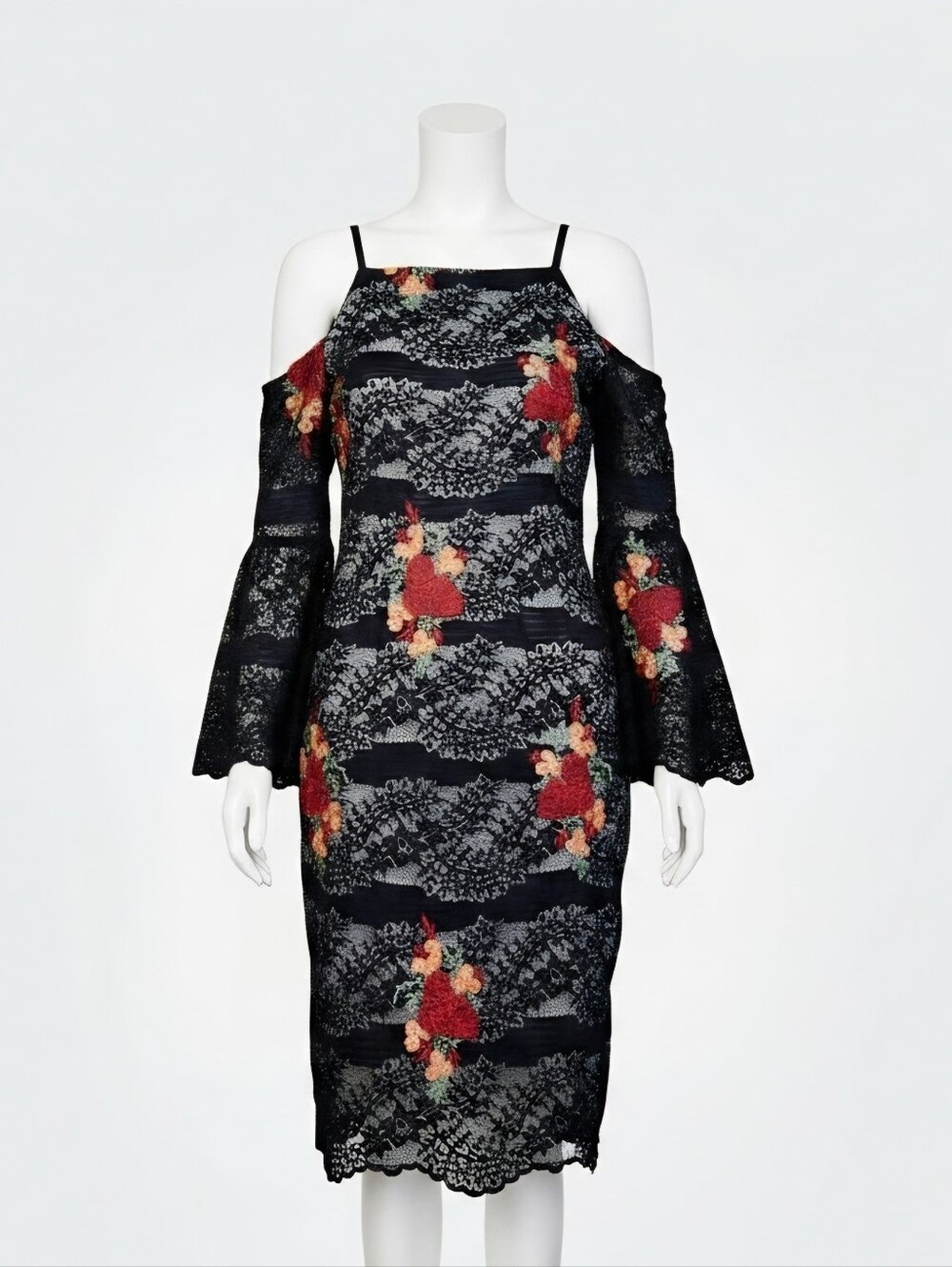 VENUS Black Lace Cold-Shoulder Midi Dress with Red & Cream Floral Applique